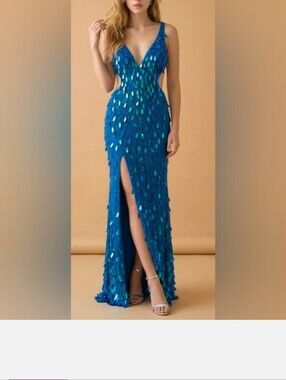 VIP NWT Couture Royal Blue Sequin Slit V-Neck Maxi Gown Dress Size 8 #3749